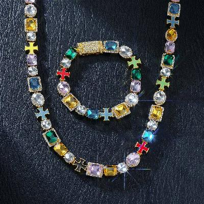 10mm Multicolored Diamonds Enamel Cross Bracelet&Necklace Set in Gold